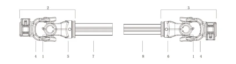 T Series PTO shaft assembly — cardan joints at both ends, same principle as automotive drive shaft